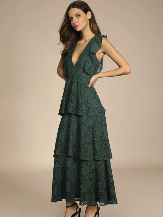 Lulus Dresses & Skirts - Lulus Molinetto Forest Green Lace Ruffled Tiered Sleeveless Maxi Dress​ NWT